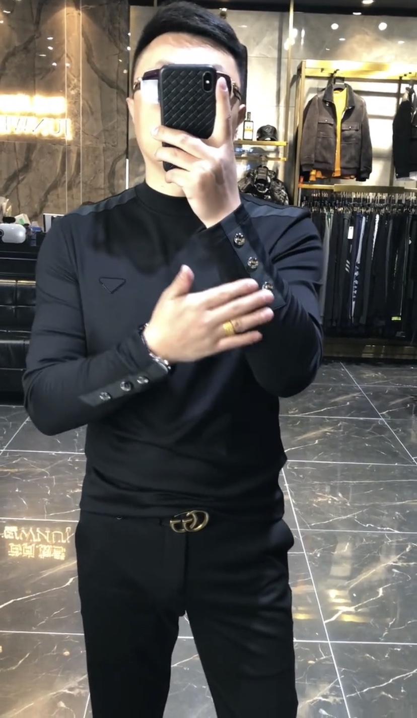 2021春秋新款男装时尚潮流运动休闲体恤快手抖音同款简约轻奢商务