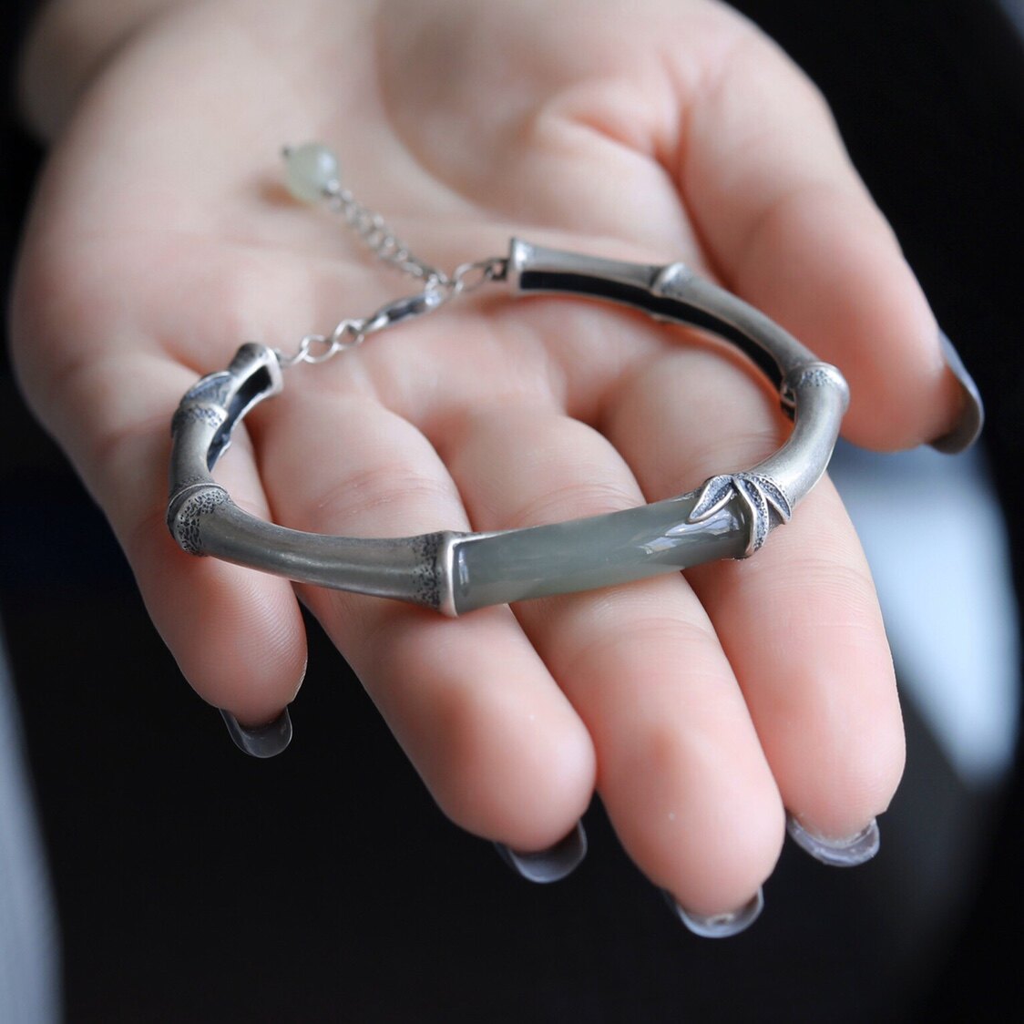 竹林礼物手环竹节玉竹和田天然深处纯银手镯手镯