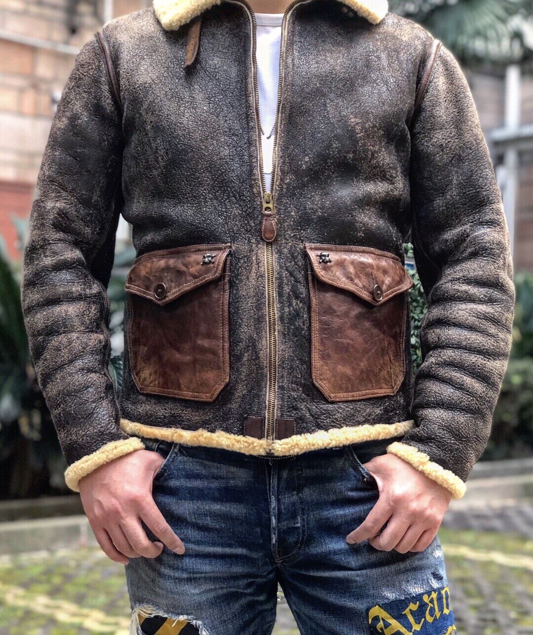rrl风美美式复古做旧皮衣新西兰卷毛卷毛羊羊毛皮皮衣