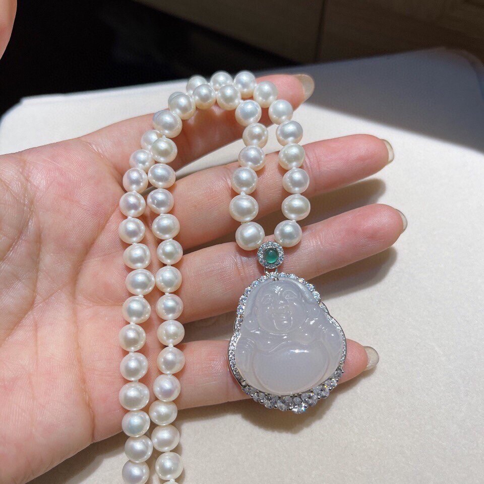 珍珠正生纯银白玉髓佛项链78mm高光天然淡水项链