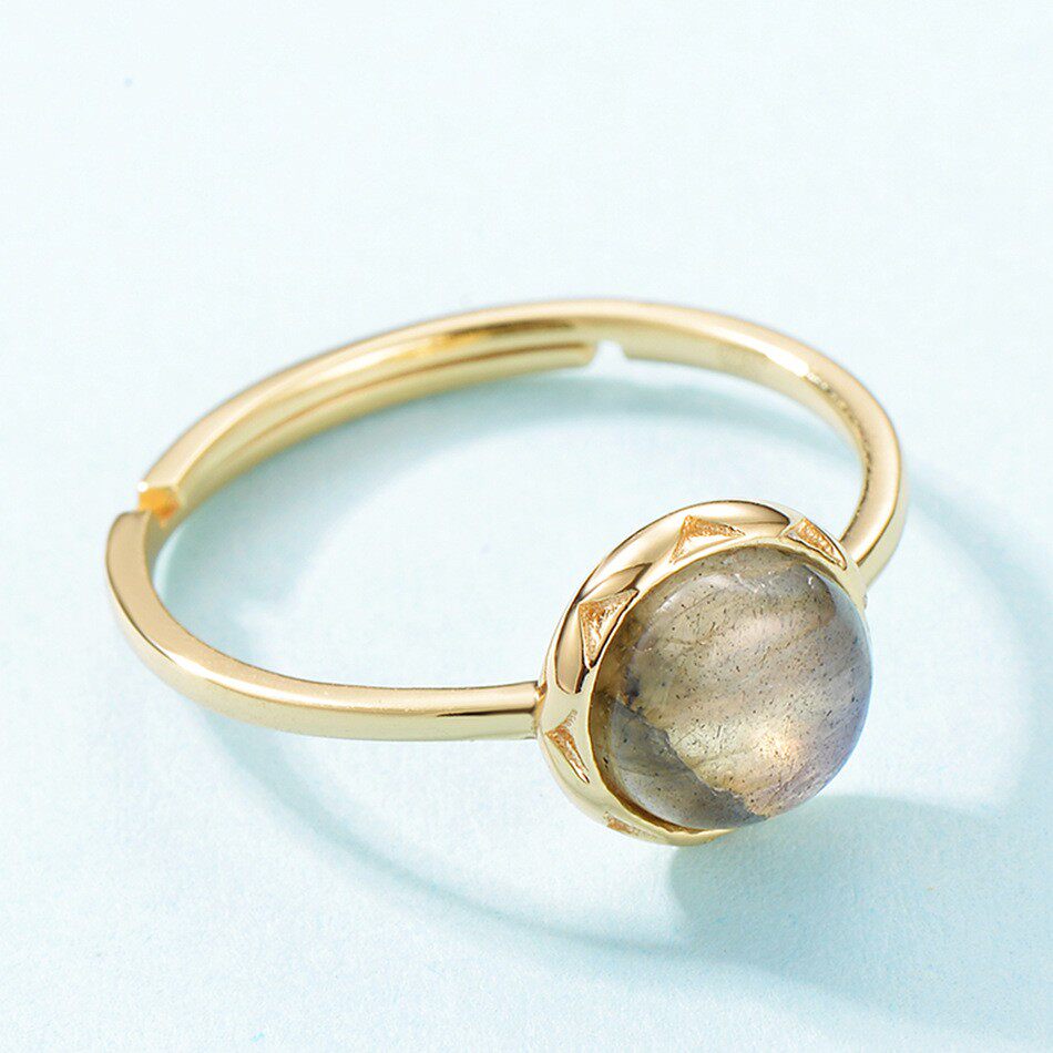 s925银日韩简约风天然非洲拉长石戒指女蓝光圆形几何戒指生日礼物