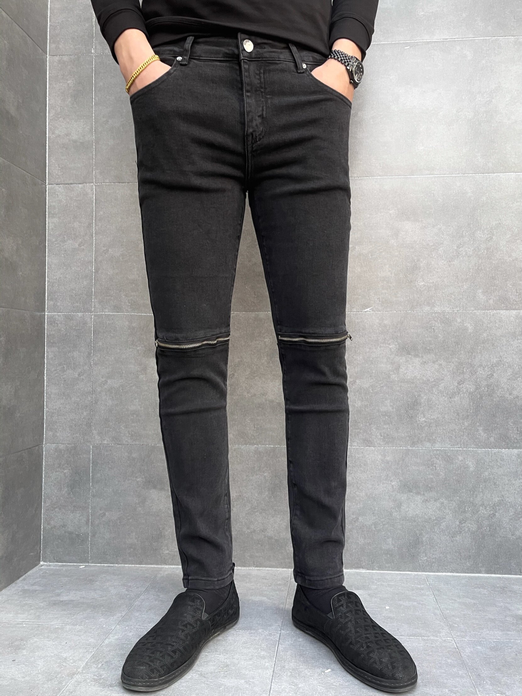 皇家男爵黑色破洞拉链牛仔裤男士2021年春秋新款牛仔裤