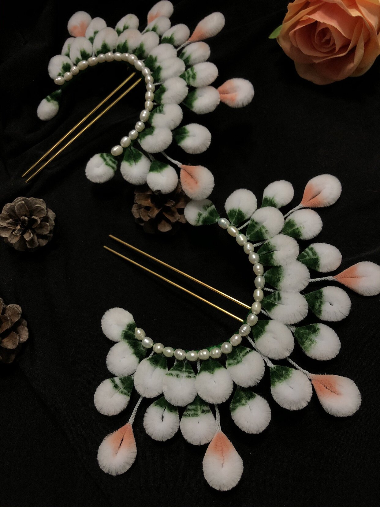 绒花三千古风饰品茉莉加密淡水珍珠汉服头饰项链