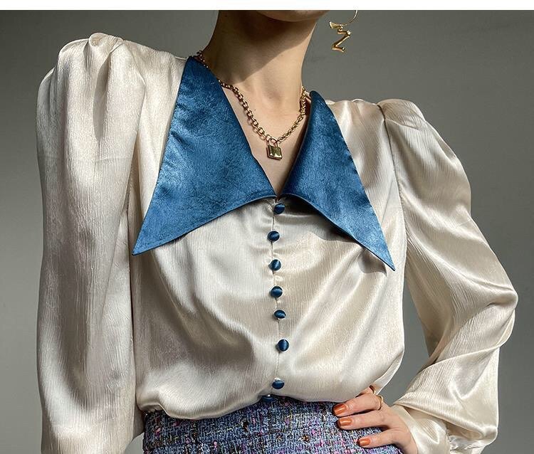 定制高端醋酸衬衫泡泡袖上上衣新款气质短款衬衫
