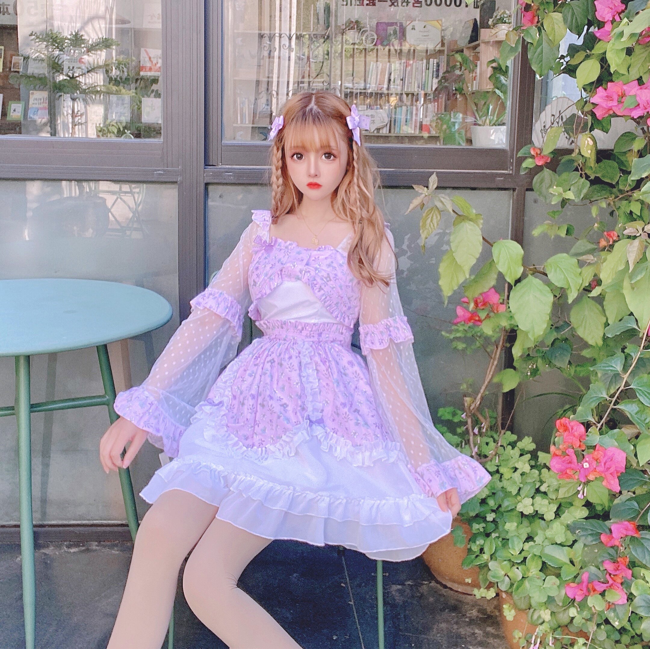 小清新甜美甜美梦梦幻淡紫色碎花香芋紫色公主蝴蝶结木耳连衣裙