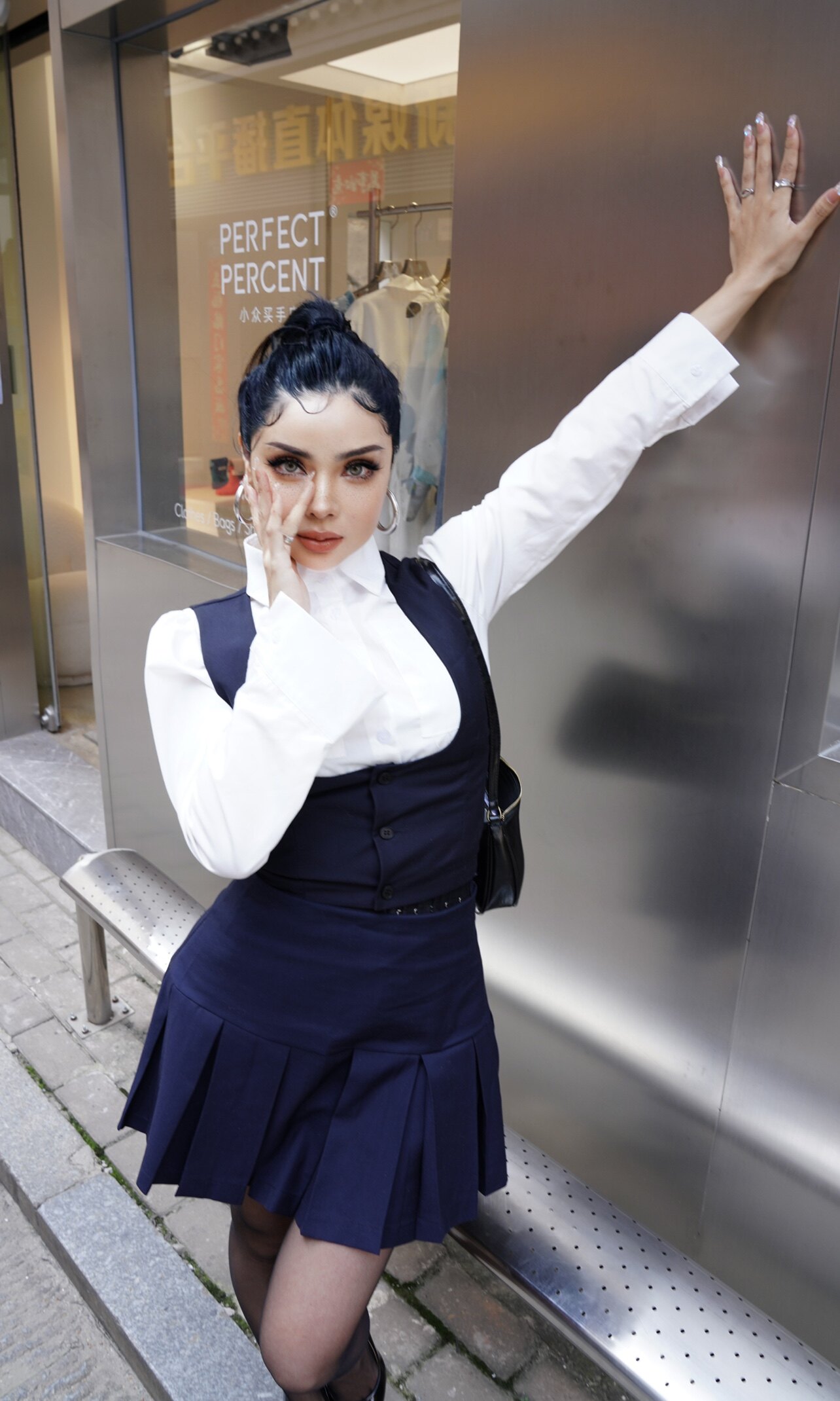 乌龙女校美式背心马甲百褶裙复古衬衫制服套装连衣裙