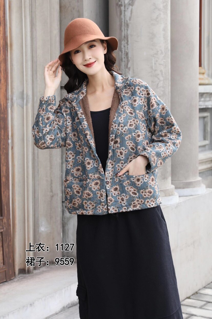 骄娜世家2021冬装新款棉麻小雏菊加绒里短版外套百搭大码女装
