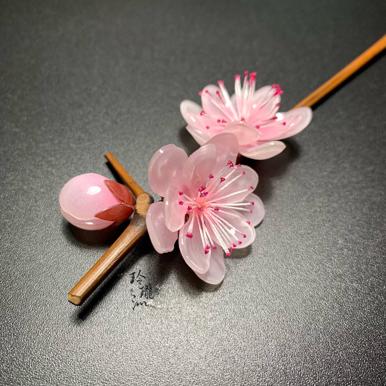 玲珑沁原原创手工热缩仿真重瓣桃花发簪天然竹发饰