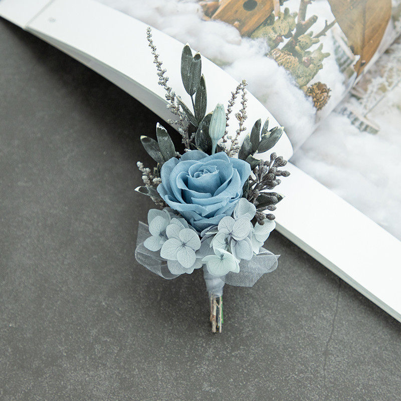 时尚新郎胸花永生花雾霾蓝色真花玫瑰婚礼胸针胸花