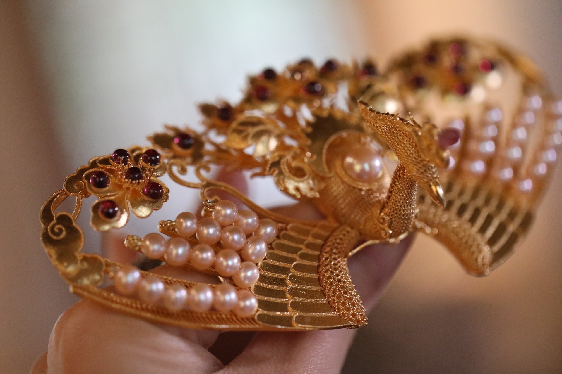 纯银镀金镶嵌宝石故宫同款正凤发簪主凤头饰发饰