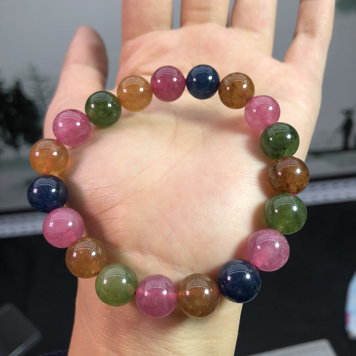 桃花饰品礼物石礼物旺夫珠子彩色手链单圈碧玺手链