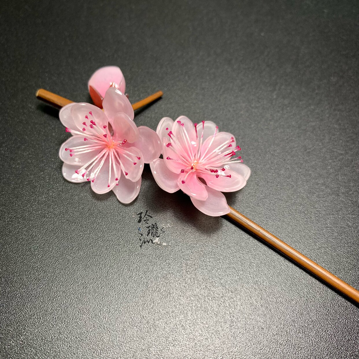 玲珑沁原原创手工热缩仿真重瓣桃花发簪天然竹发饰