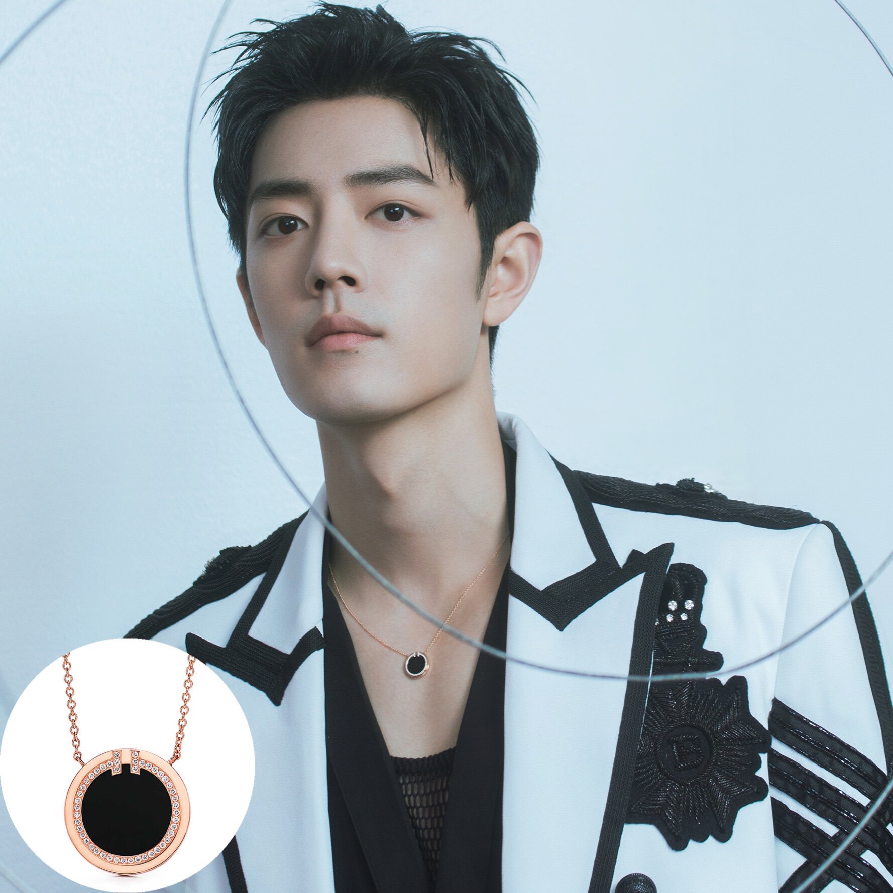 东方卫视春晚肖战同款双圆圈形黑玛瑙项链短款玫瑰项链