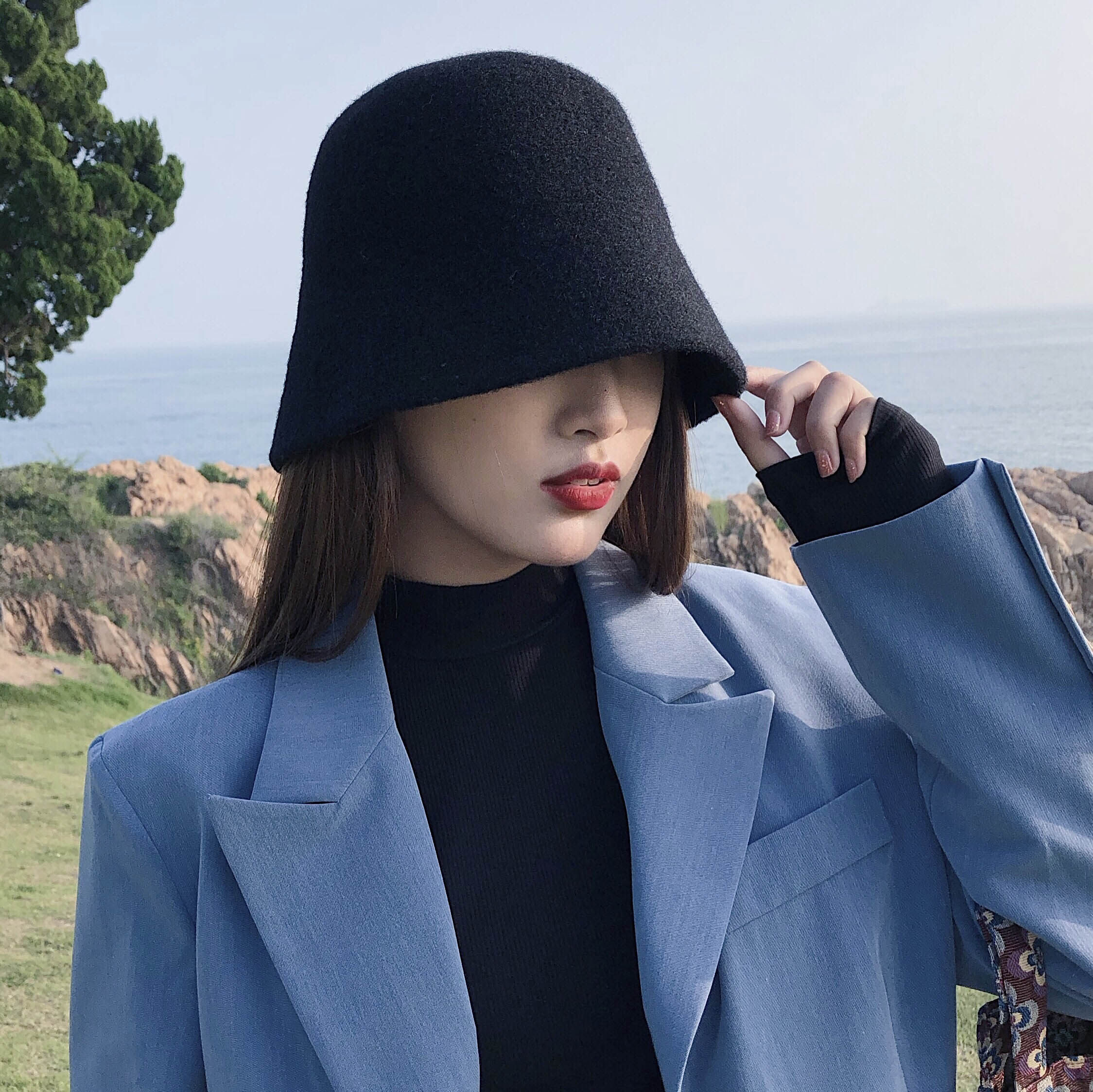 羊毛毛呢黑色渔夫帽女秋冬韩版百搭日系直筒帽子