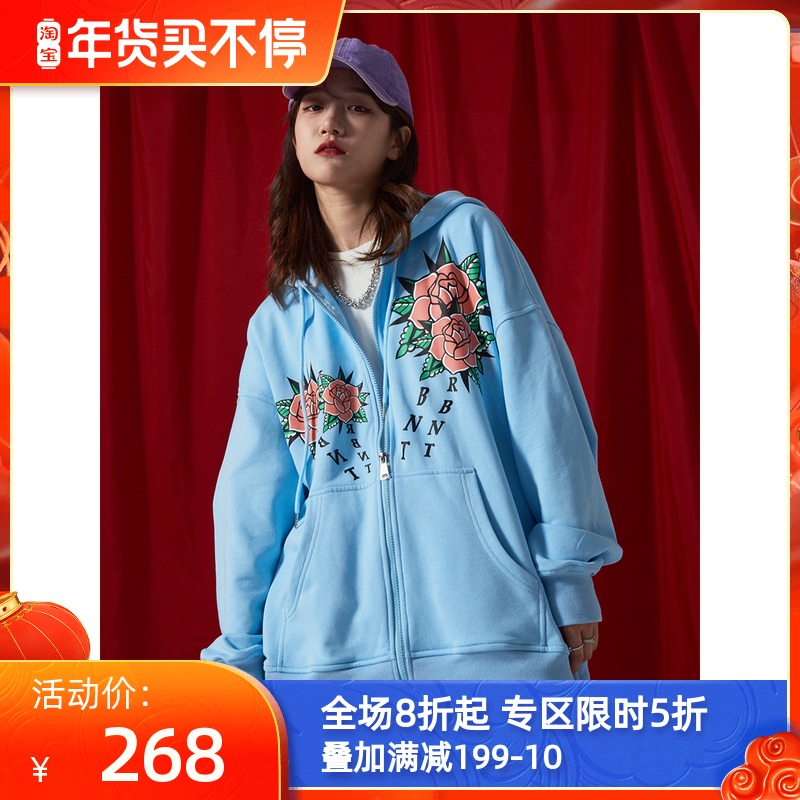 RBNT老学校(Rebel Nut)花卉印花oversize国潮连帽开衫情侣卫衣