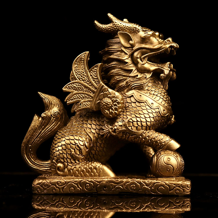 麒麟新款黄铜一对踩球送书翅膀瑞兽镇桌面摆件摆件