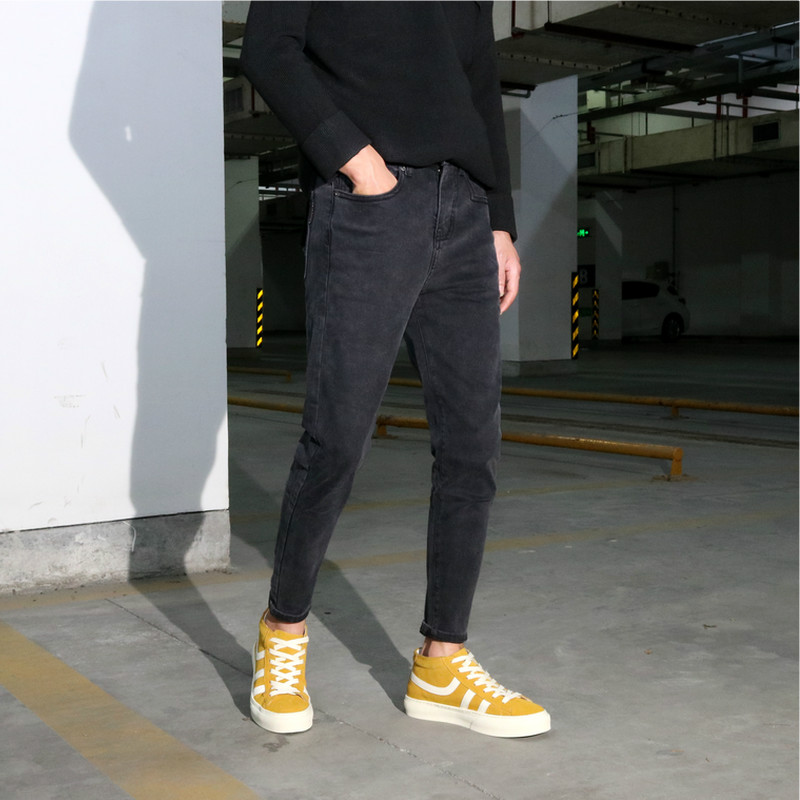 黑灰色九分牛仔裤男新款水洗修身小脚铅笔裤弹力百搭微跨锥形裤潮
