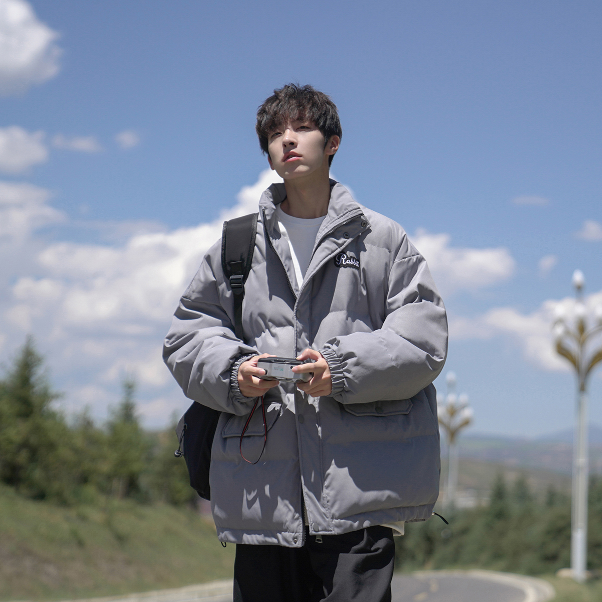 E021冬季新款男装棉衣宽松立领单排扣刺绣潮牌情侣保暖棉服外套男