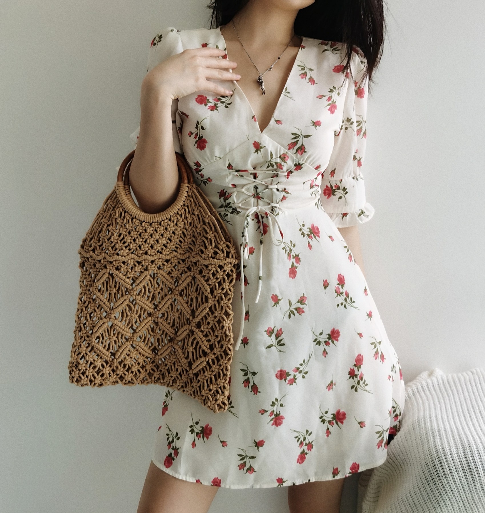 sup法式宫廷杏色rose碎花绑带收腰仙女女裙连衣裙