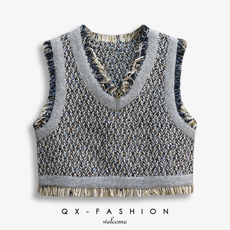 千寻叠穿小香风拼色流苏针织马甲女短款宽松背心外穿春秋毛衣外搭