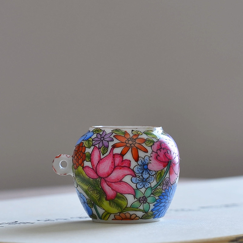 汉缘景德镇手绘珐琅万花本金描口绣眼罐鸟食罐鸟杯喂食器