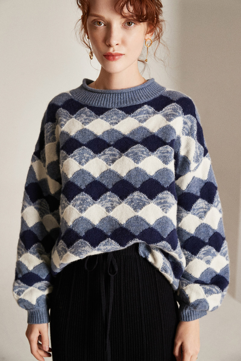 喜羊羊毛衣大羊毛衫码女衣大格子加厚袖拼色灯笼圆领毛衣