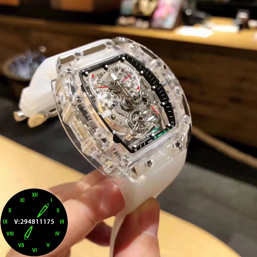 理查德休闲男士透明全自动机械手表个性全镂空水晶夜光防水胶带大
