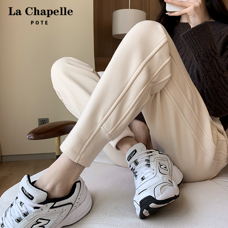 拉夏贝尔加绒运动裤女束脚高腰宽松加厚哈伦萝卜老爹休闲卫裤秋冬