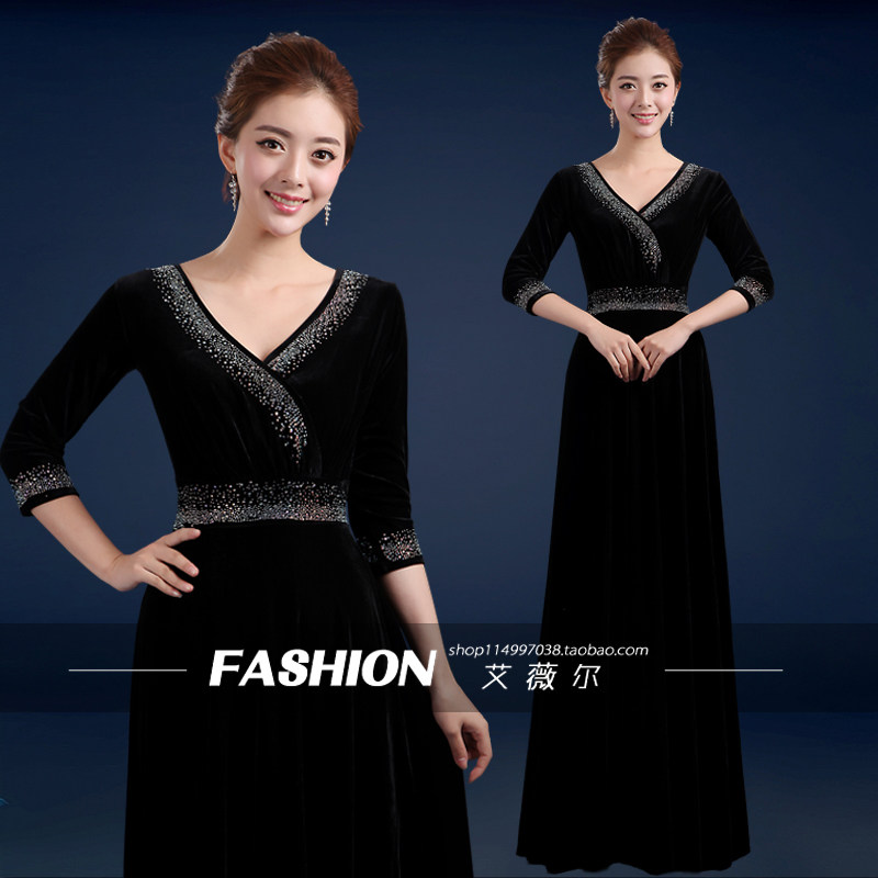 2017新款金丝绒指挥大合唱演出服长裙主持礼服合唱团礼服