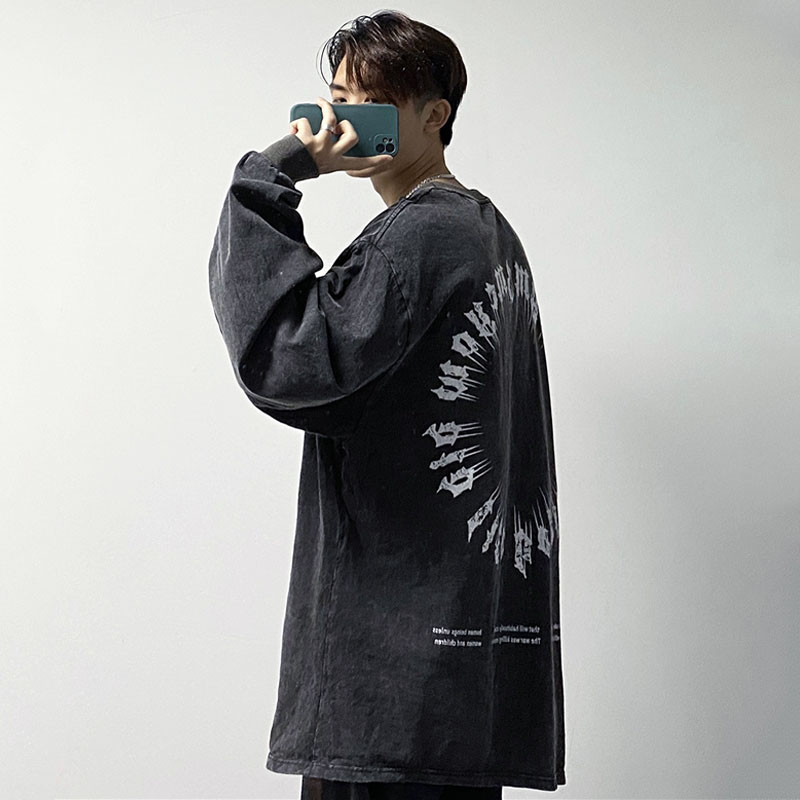 oversize水洗做旧长袖t恤男宽松卫衣ins潮流高街欧美潮牌加绒百搭