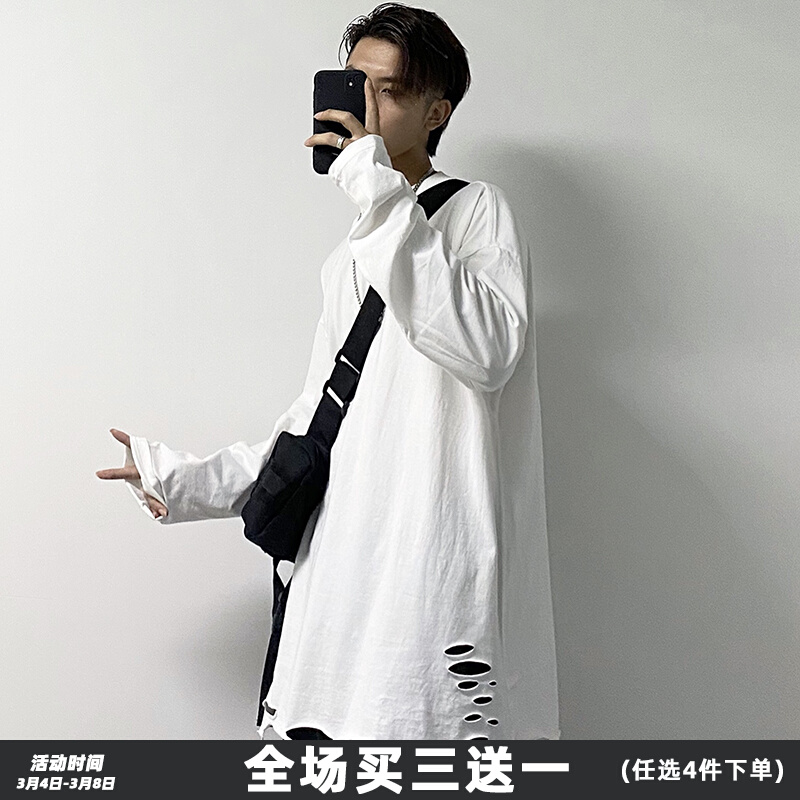 长袖T恤打底衫下摆破洞白色男ins潮叠穿高街卫衣内搭宽松破坏上衣