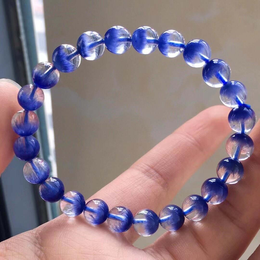 天然蓝线石蓝发晶蓝绒聚宝盆手链手串单圈8mm手链