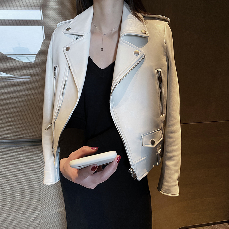 2021春秋新款 SLP进口绵羊皮夹克真皮皮衣外套女机车短款显瘦帅气