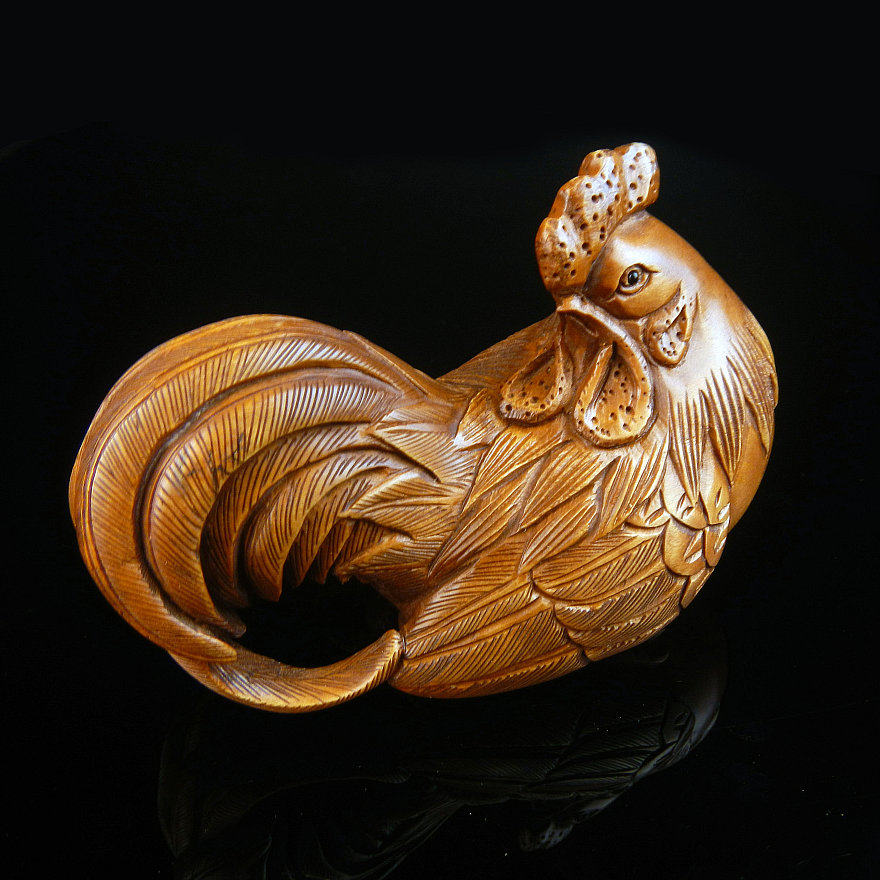 黄杨木刻摆件长尾母鸡大号尺寸110mm生肖石川木雕