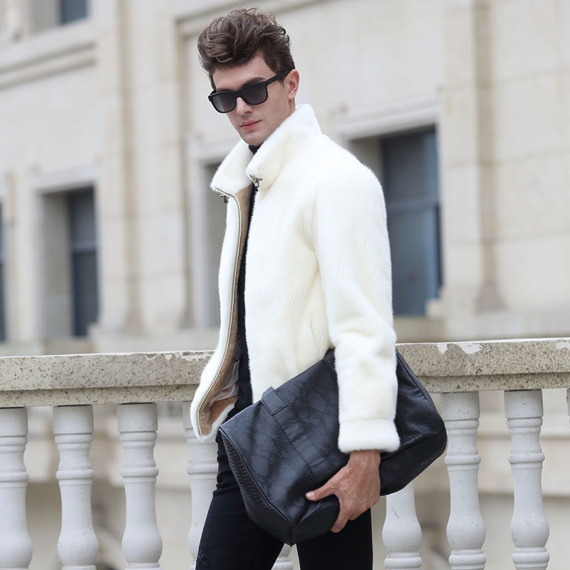 美嘉仕新款男士白色水貂毛整貂貂皮大衣立领进口海宁皮草外套