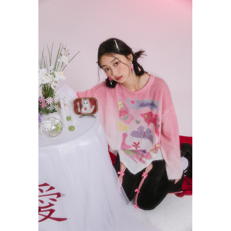 cream desert灵光商店 艺术家合作款浪漫蝴蝶印花粉色渐变薄毛衣