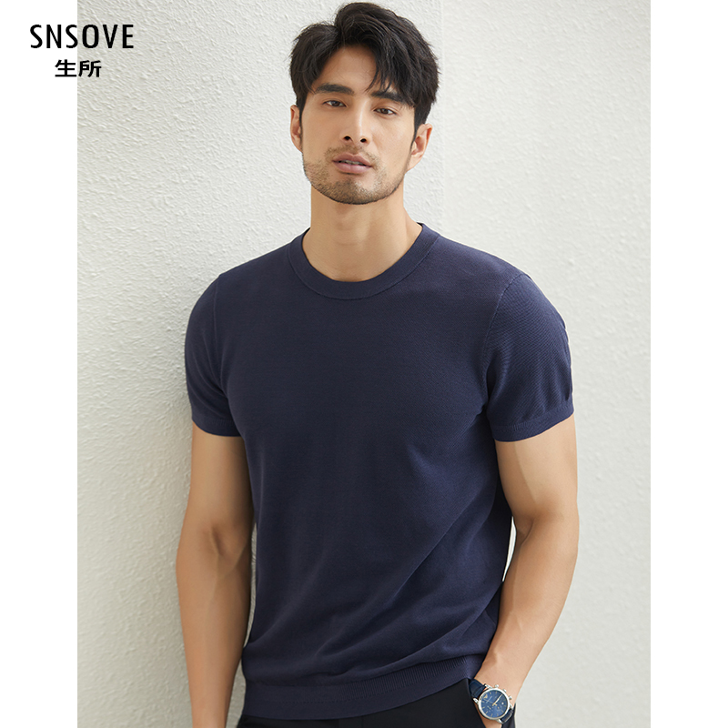 夏季新款高端男士商务休闲桑蚕丝混纺珠地提花针织圆领短袖T恤男