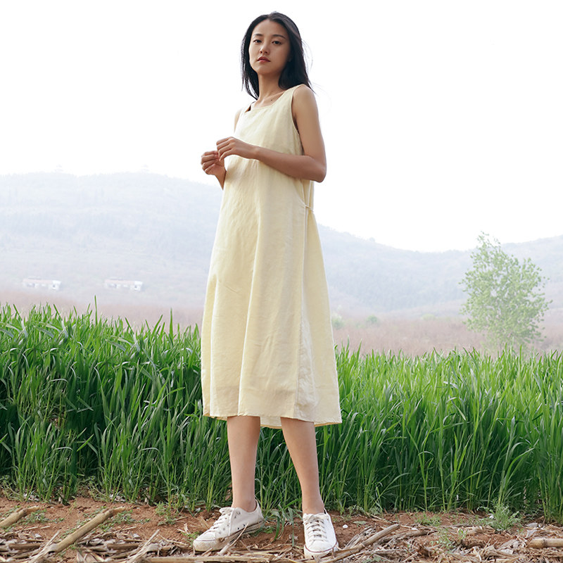 素缕2020夏装新款女装宽松腰无袖中长款棉麻连衣裙ds9242鶭