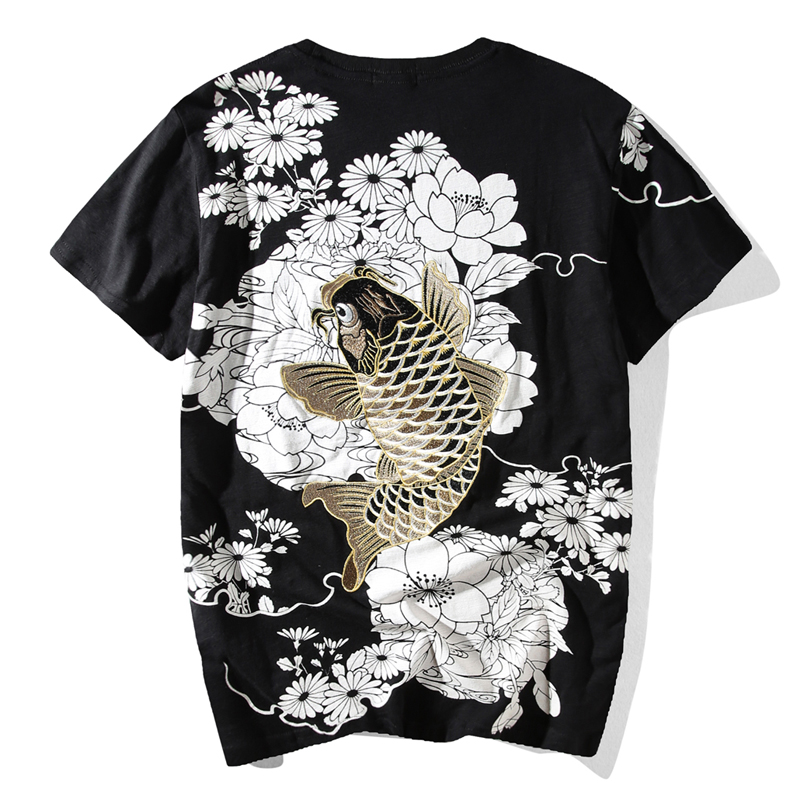 中国风潮牌男装莲花刺绣锦鲤短袖T恤 夏季圆领半袖上衣日式民族风