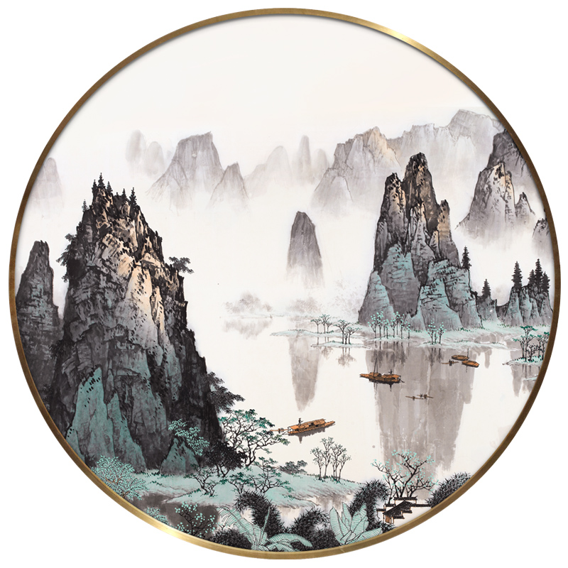 新中式玄关挂画山水画圆形装饰画水墨画客厅壁画书房