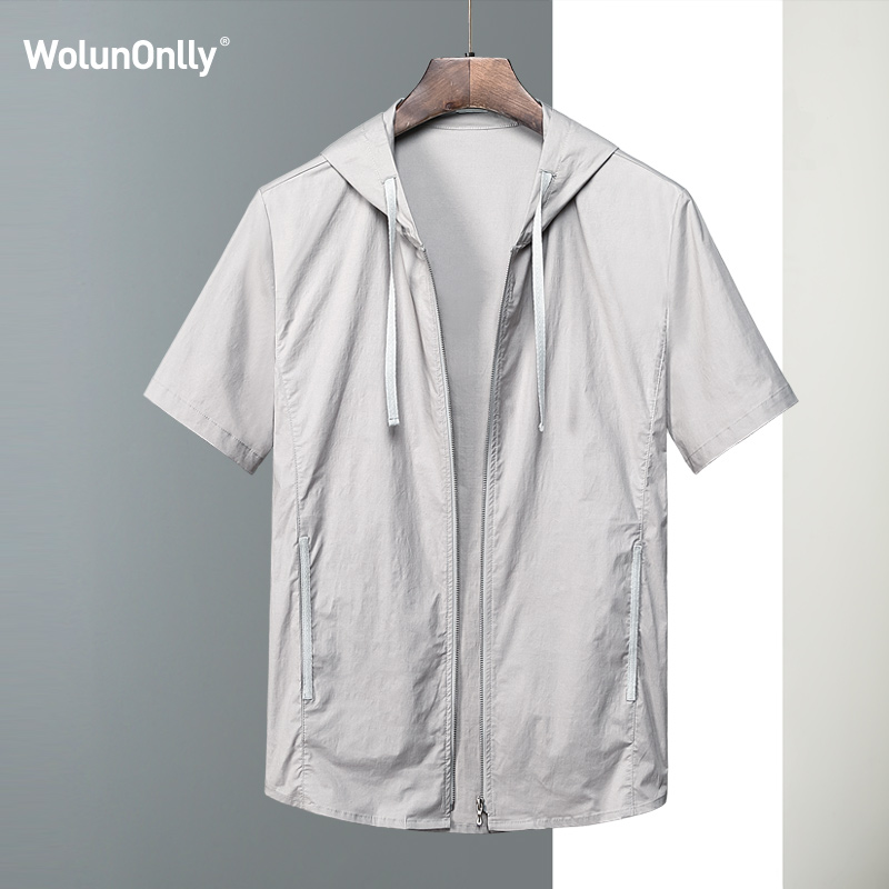 夏季连帽短袖男士外套开衫薄款带帽t恤男夏天半袖上衣男装风衣