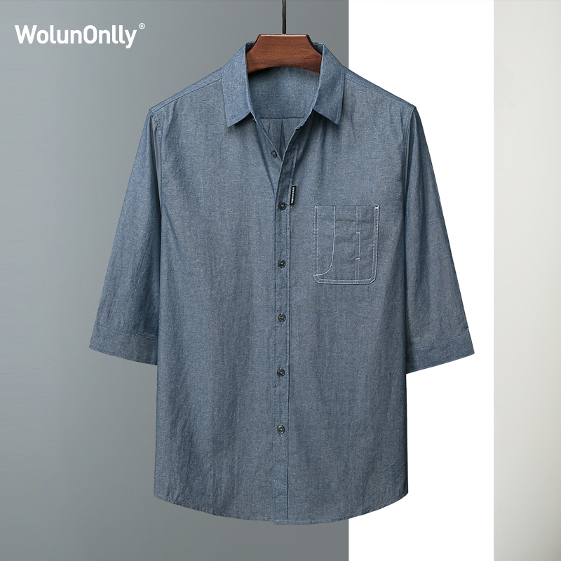 轻熟风夏季宽松男士衬衫薄款七分袖衬衣男装商务休闲男上衣