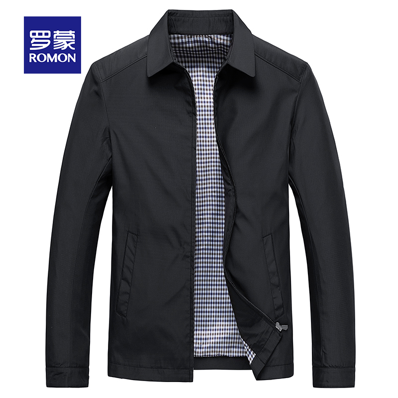 罗蒙春秋新款男士外套商务休闲男装薄款夹克中年翻领爸爸装上衣黑