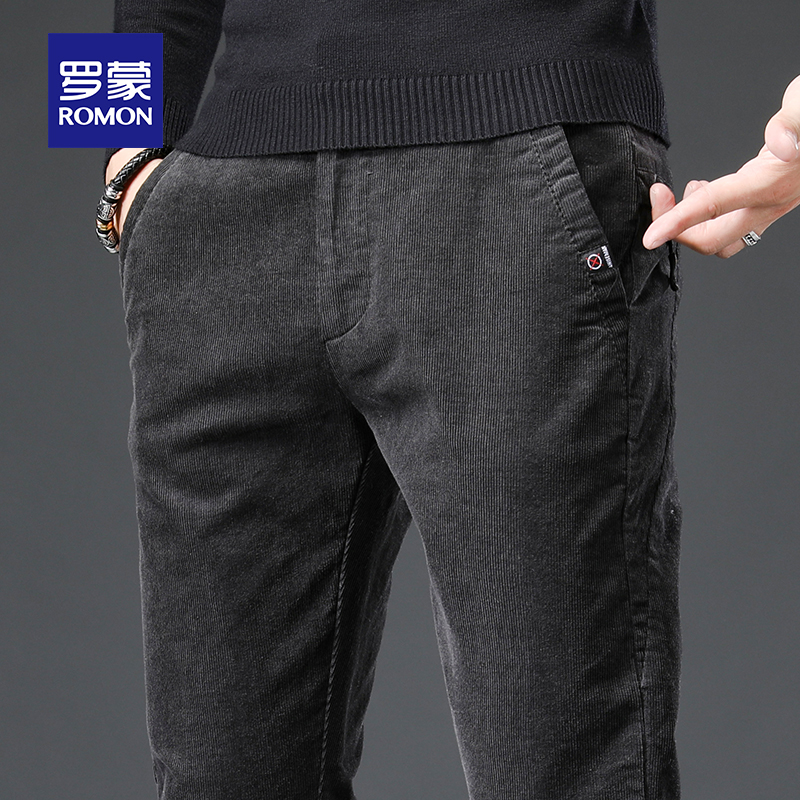 罗蒙灯芯绒男裤秋冬条绒修身小脚厚款西装裤新款男士休闲长裤子潮