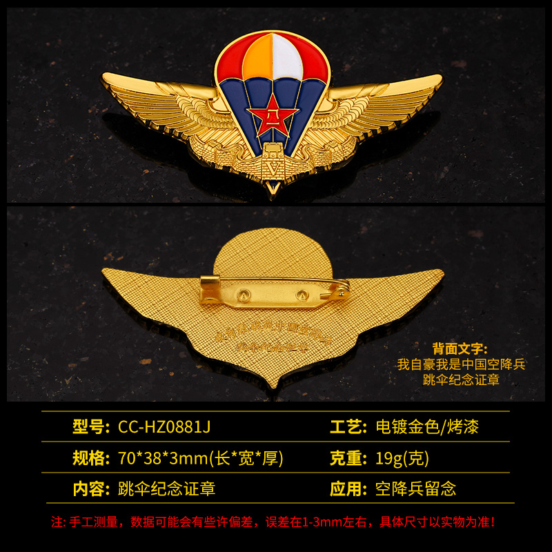 空降兵跳伞纪念章空军纪念品定制伞徽勋章胸针徽章胸针