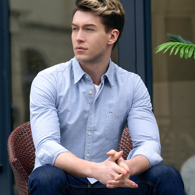Langmeng Spring Autumn Cotton Oxford Textile Men's long-sleeved shirt men's Korean version of the solid color shirt casual fashion upper tide Langmeng Spring Autumn Cotton Oxford Textile Men's long-sleeved shirt men's Korean version of the solid color shirt casual fashion upper tide