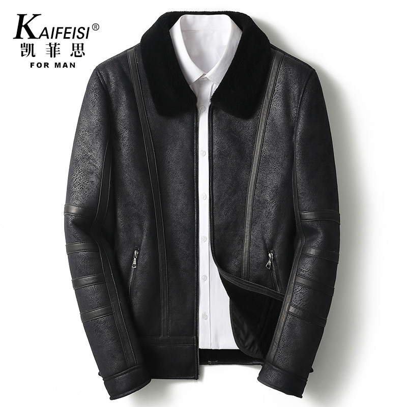 凯菲思羊剪绒皮毛一体男短款2022秋冬新款真皮皮衣机车款夹克外套