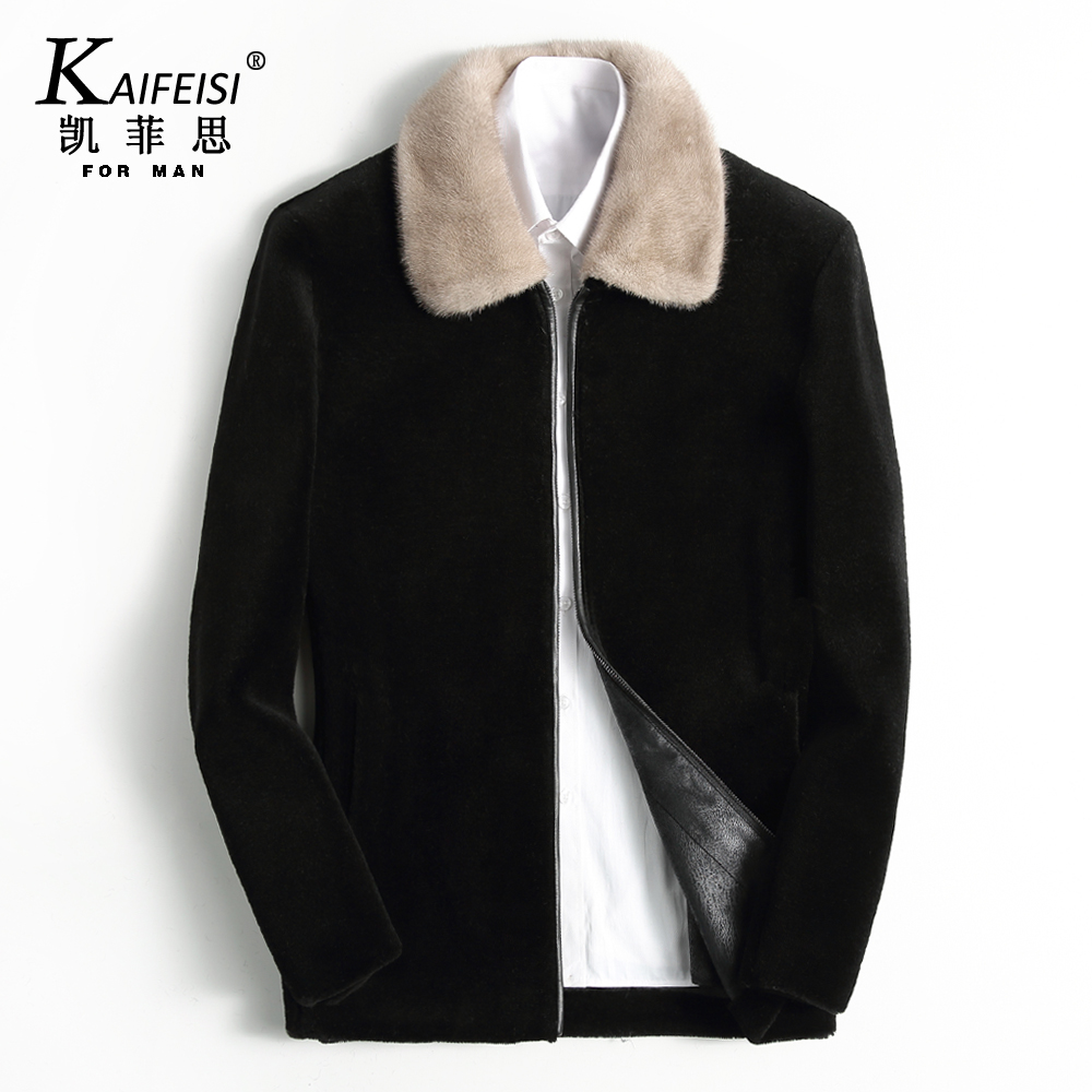 凯菲思羊剪绒皮毛一体男真皮皮草父亲皮衣貂皮大衣整水貂毛领外套