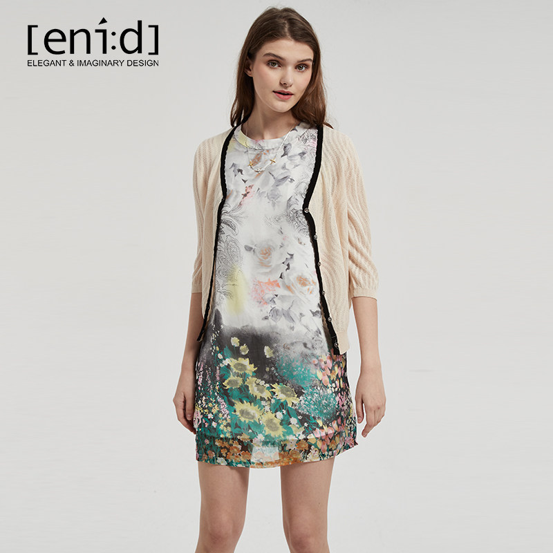 enid夏新桑蚕蚕丝水墨印花裙边无袖连衣裙真丝连衣裙