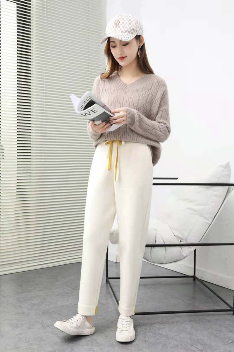 羊毛针织裤冬萝卜裤米白色奶奶裤女小脚哈伦休闲裤